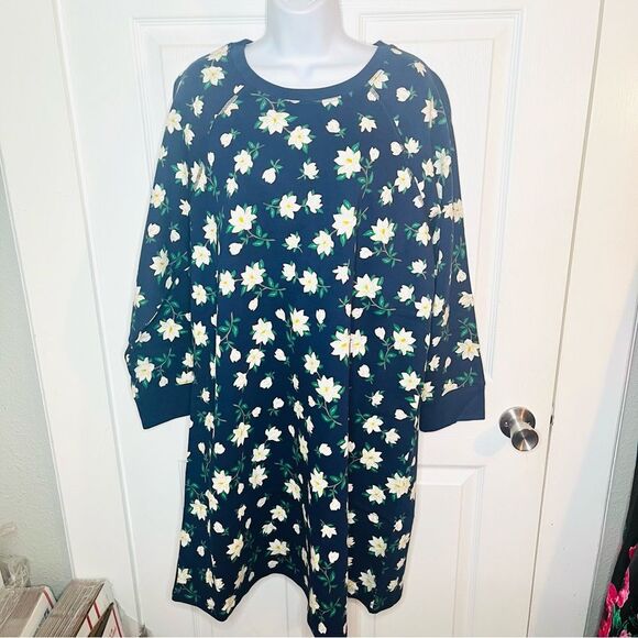 Draper James Magnolia Floral Cotton Sweatshirt Midi Dress Blue White 1X Plus - Picture 4 of 11